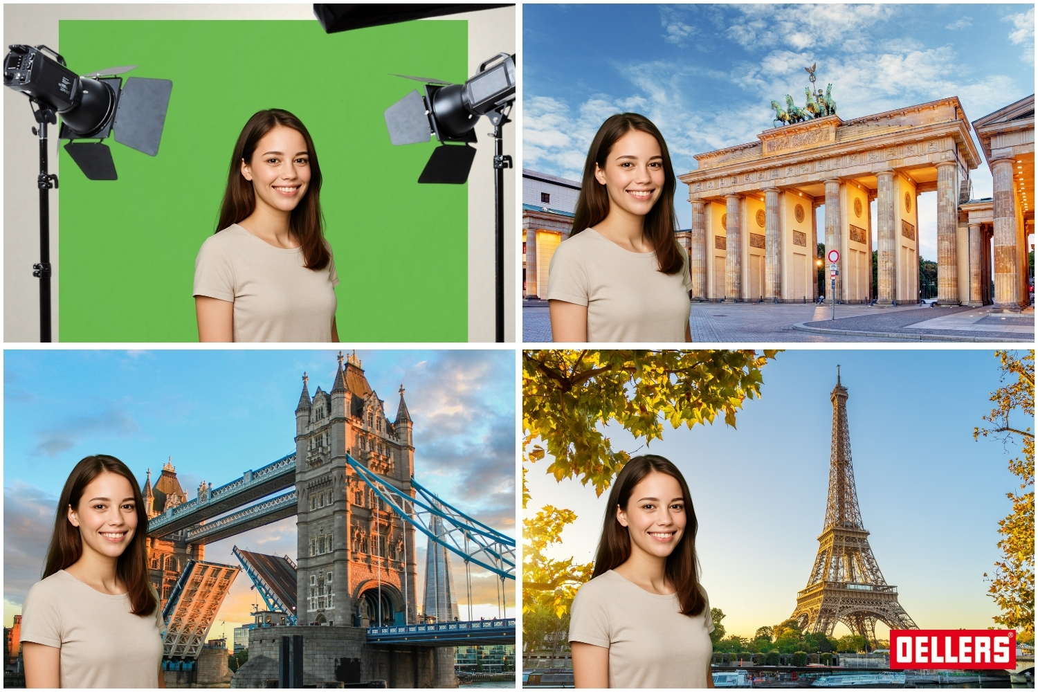 Frau lässt sich vor einer mit OELLERS Greenscreen Farbe gestrichener Wand fotografieren. Die selbe Frau vor Sehenswürdigkeiten. 